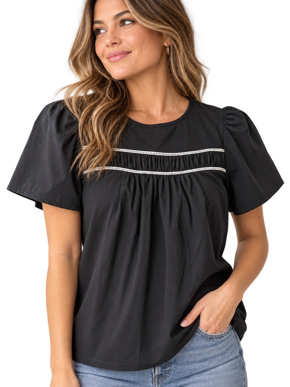 LOFT Petite Medium Black Puff Sleeve Top Ruched Trim Detail